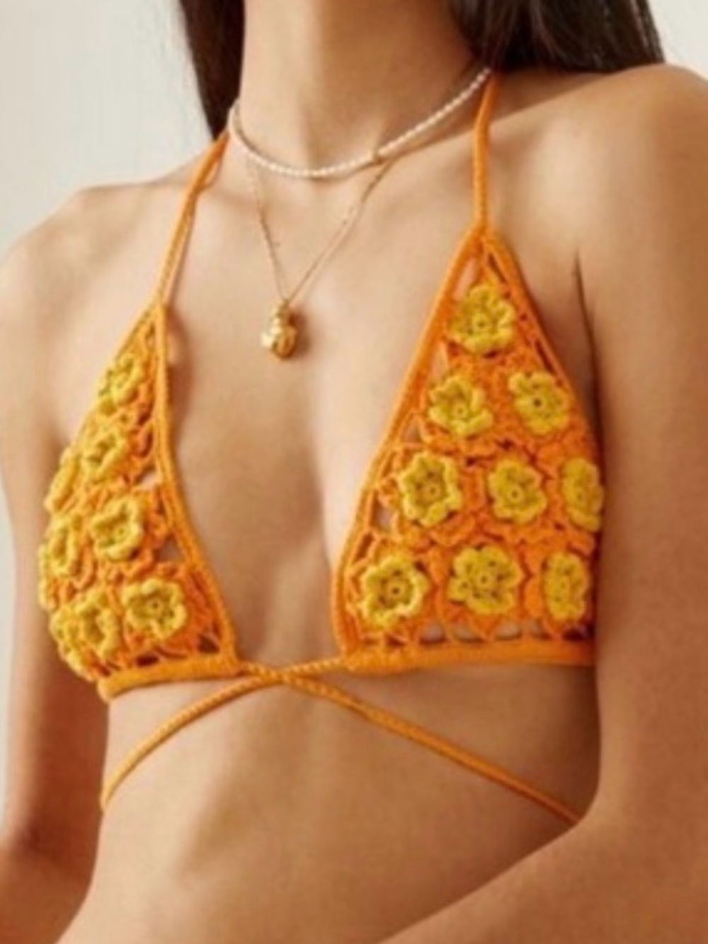 cult gaia Orange and Yellow Crochet Triangle Bikini Top